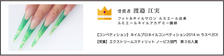 ネイルプロネイルコンペティション2014 in ラスベガス エクストリームスティリット ノービス部門 ３位入賞 フット＆ネイルサロン ルミエール店長・ルミエールネイルアカデミー講師 渡邊 江実